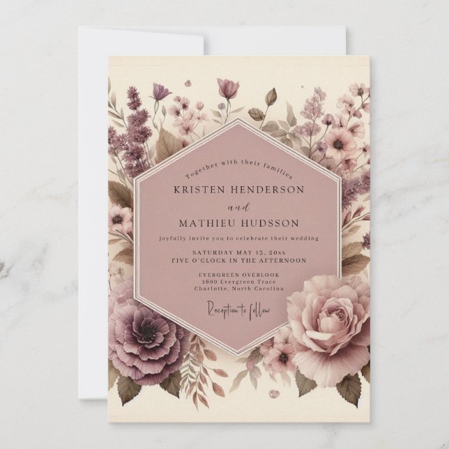 Invitation Fleurs de mariage au bois de prunier (Devant)