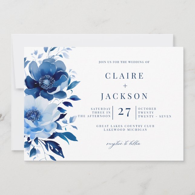 Invitation Fleurs de Mariage bleu (Devant)