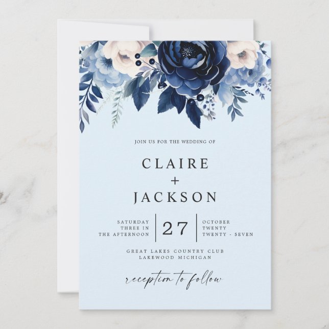 Invitation Fleurs de Mariage Bleu (Devant)