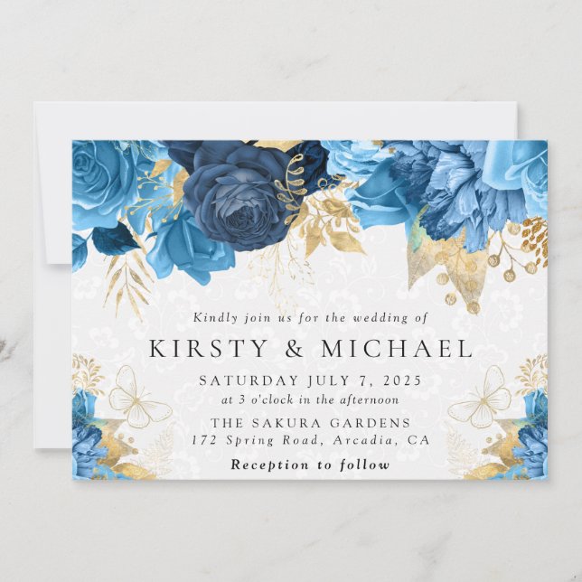Invitation Fleurs de mariage bleu et or à l'aquarelle (Devant)