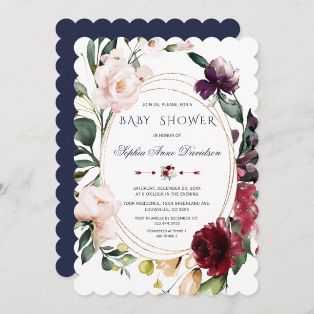 Invitation Fleurs de mariage bleu or royale Bourgogne Blush (Devant / Derrière)