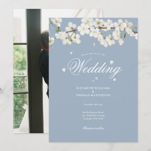 Invitation Fleurs de mariage bleu poussiéreux Photo blanche
