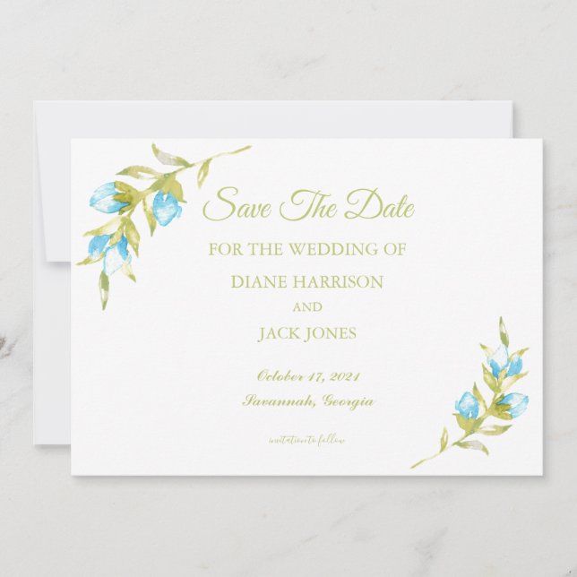 Invitation Fleurs de Mariage Bourgeon de Rose Bleu Enregistre (Devant)