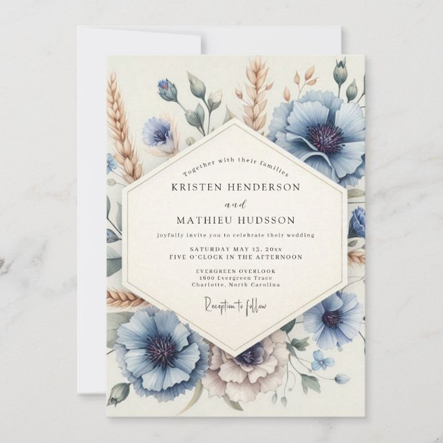 Invitation Fleurs de mariage champêtre bleu poussiéreux (Devant)