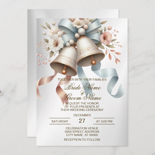 Invitation Fleurs de mariage cloches Rubans bleu rose Beau (Devant / Derrière)