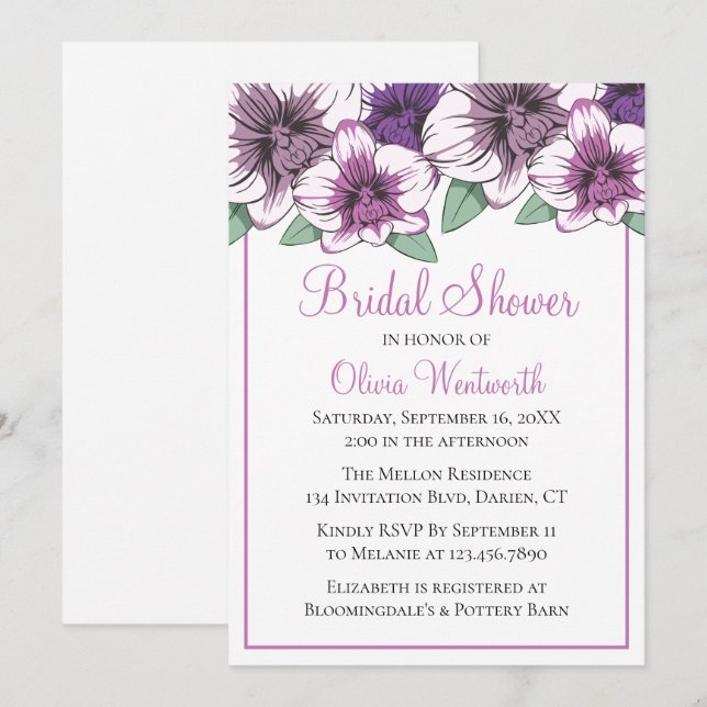 Invitation Fleurs de mariage de douche de mariée orchidée vio (Devant / Derrière)