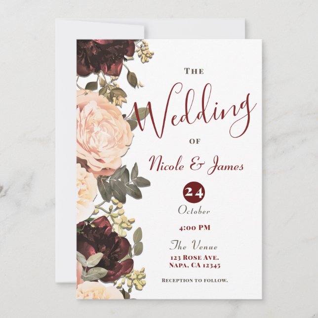 Invitation Fleurs de mariage de feuilles de verdure rose et b (Devant)