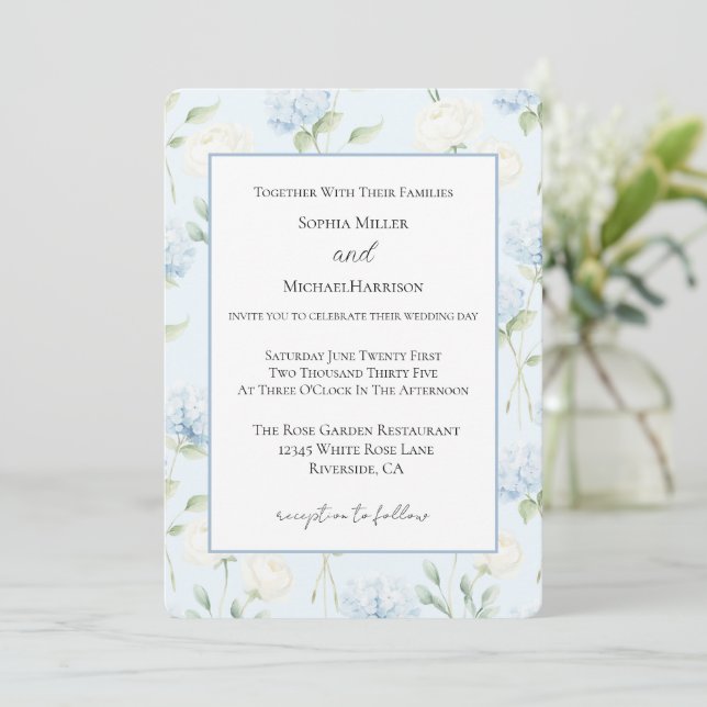 Invitation Fleurs de mariage d'hortensia bleu joli (Debout devant)