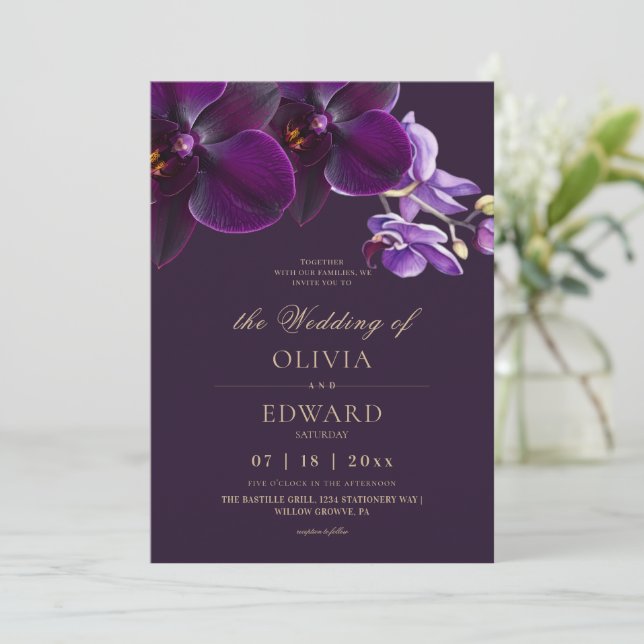Invitation Fleurs de mariage d'orchidée violette  (Debout devant)