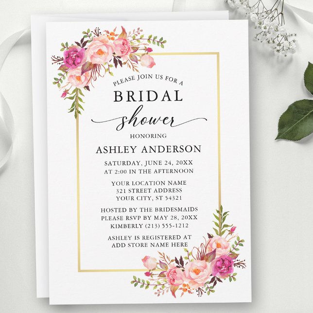 Invitation Fleurs de mariage en aquarelle rose pastel (Customize to add text to back of card.)