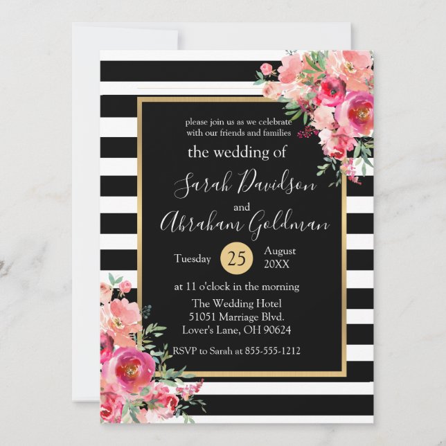 Invitation Fleurs de mariage en rayures noires et blanches Ro (Devant)