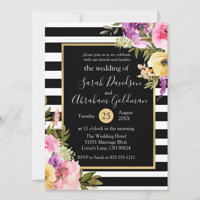 Invitation Fleurs de mariage en rayures noires et blanches Ro (Devant)