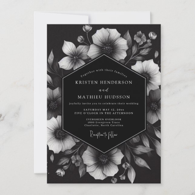 Invitation Fleurs de mariage en tache d'encre de charbon (Devant)