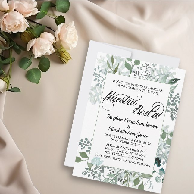 Invitation Fleurs de mariage espagnol Feuillage  Nuestra Boda (Créateur téléchargé)