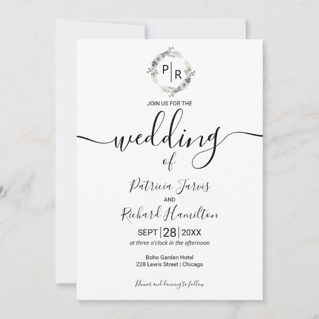 Invitation Fleurs de mariage monogramme Calligraphie moderne (Devant)