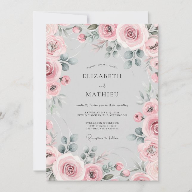 Invitation Fleurs de mariage romantiques à l'aquarelle rose (Devant)