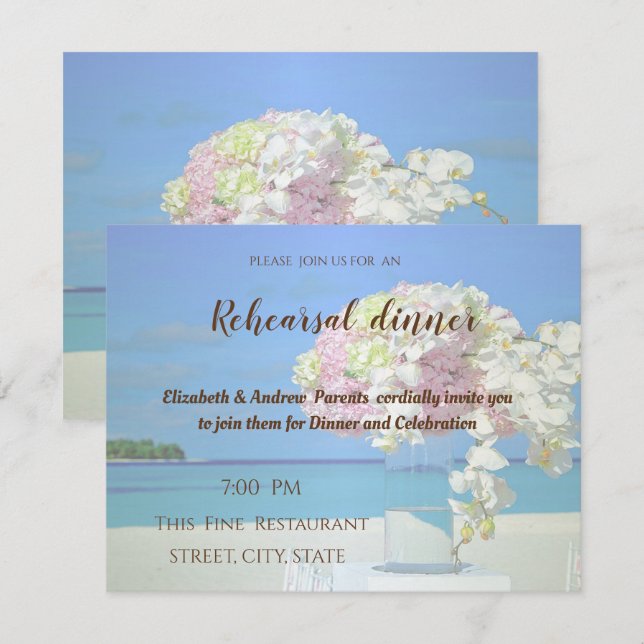 Invitation Fleurs de mariage sur la plage  Dîner de répétitio (Devant / Derrière)