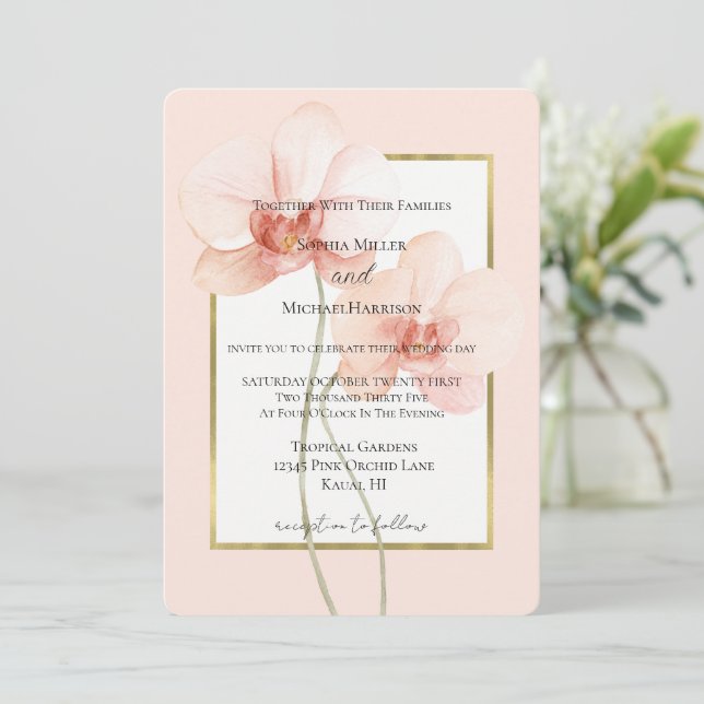 Invitation Fleurs de mariage tropicales roses orchidées or (Debout devant)