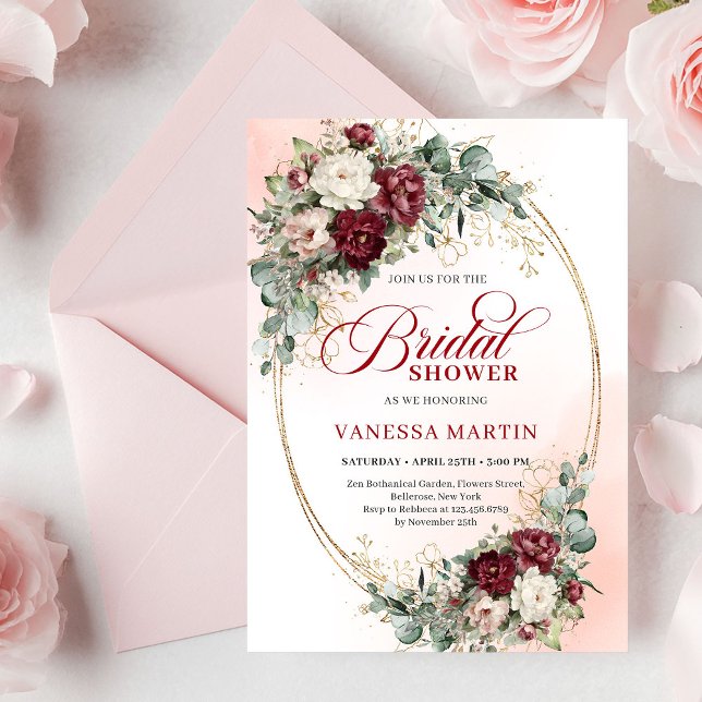 Invitation Fleurs de Marron Élégant Eucalyptus Baby Shower de (Stylish Maroon Flowers Eucalyptus Bridal Shower Card

)