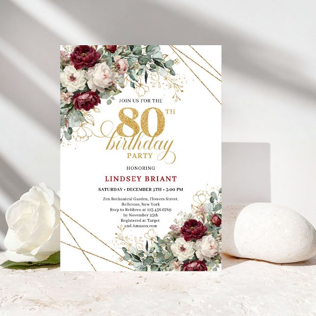 Invitation Fleurs de Marsala en Bourgogne pour 80e anniversai (Burgundy Marsala Flowers Greenery 80th Birthday)