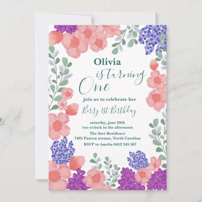 Invitation Fleurs de menthe rose Aquarelle Baby shower botani (Devant)