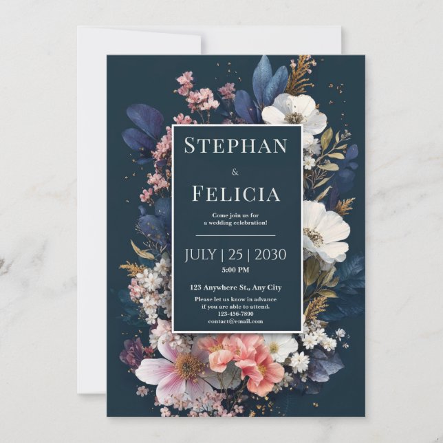 Invitation Fleurs de minuit bleues et roses pour mariage (Devant)