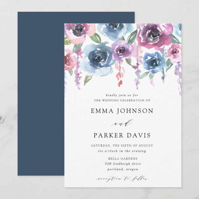 Invitation Fleurs de Minuit | Fleurs de Mariage Violettes et  (Devant / Derrière)