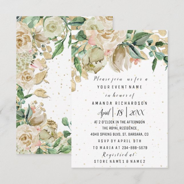 Invitation Fleurs de naissance de mariage or moutarde blanc a (Devant / Derrière)