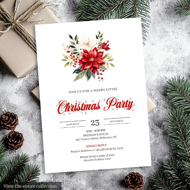 Invitation Fleurs de Noël à l'aquarelle classique imprimables (Classic Watercolor Christmas Flowers Printable Invitation)