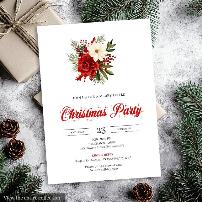 Invitation Fleurs de Noël Classiques Botanique Noël  (Classic Christmas Flowers Botanical christmas invitation

)