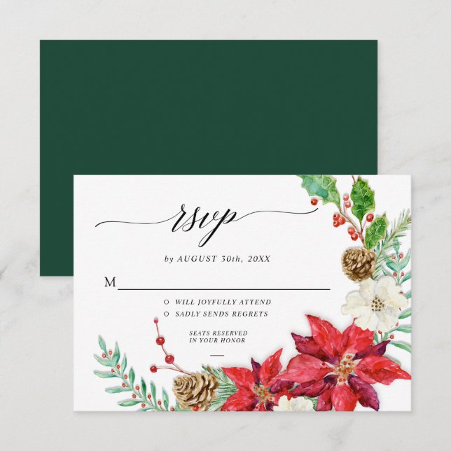 Invitation Fleurs de Noël Élégantes Feuillage Rouge Bourgogne (Devant / Derrière)