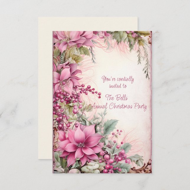 Invitation Fleurs de Noël roses Fête de Noël annuelle (Devant / Derrière)