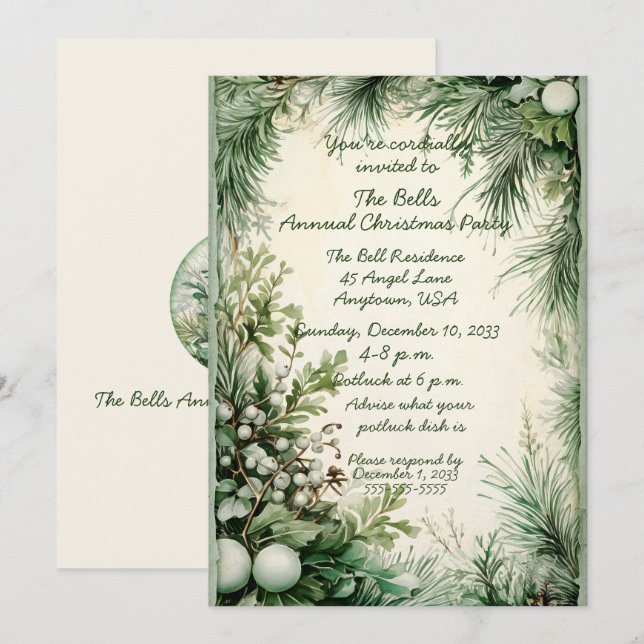 Invitation Fleurs de Noël vertes Fête de Noël annuelle (Devant / Derrière)