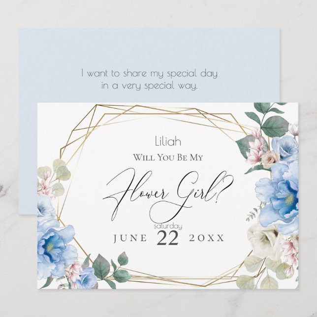 Invitation Fleurs de Paeonie Bleu Ciel  Serez-vous ma Demoise (Devant / Derrière)