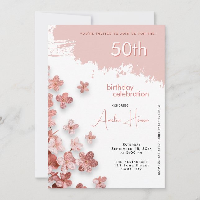 Invitation Fleurs de paillettes roses Fleur 50e anniversaire (Devant)