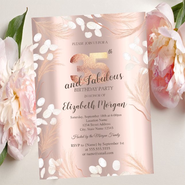 Invitation Fleurs de Pampa Bohème Rose Doré 35e Anniversaire (Créateur téléchargé)
