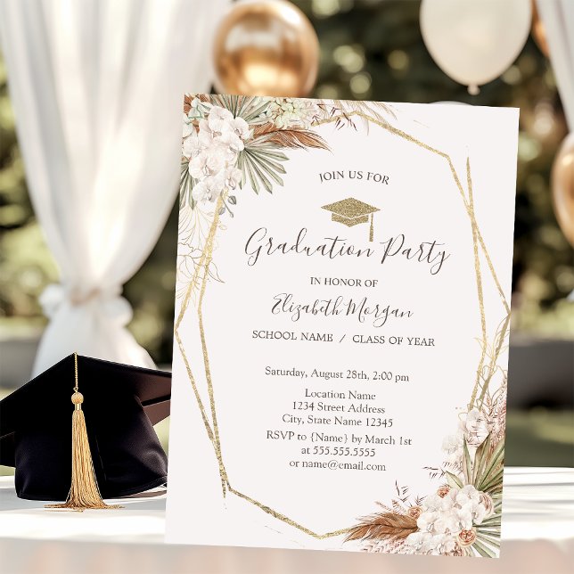 Invitation Fleurs de Pampa, Casquette de remise de diplôme, R (Créateur téléchargé)