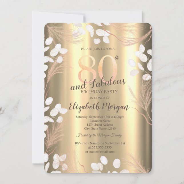 Invitation Fleurs de Pampas Boho Or 80e Anniversaire  (Devant)