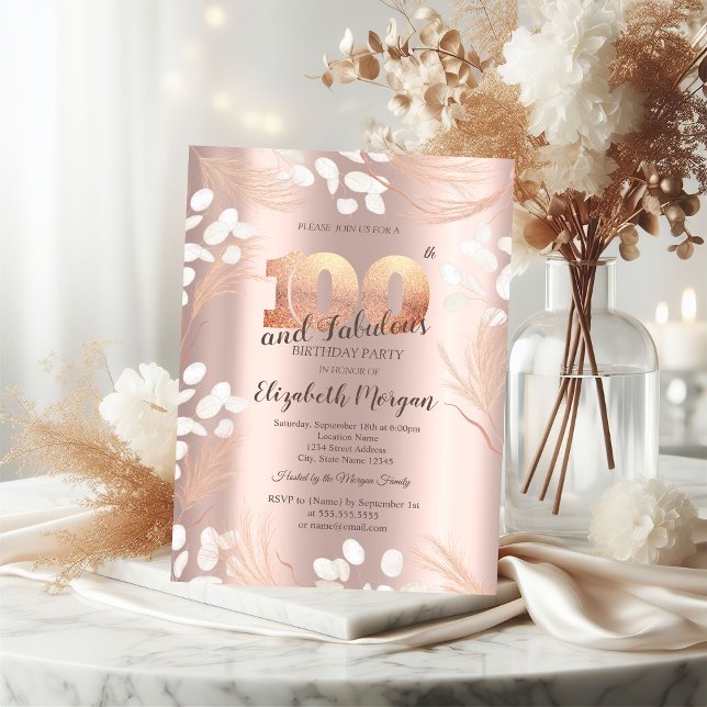 Invitation Fleurs de Pampas Boho Rose Gold 100e Anniversaire  (Créateur téléchargé)