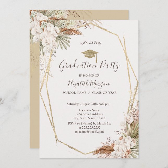 Invitation Fleurs de Pampas, Casquette diplômé, Diplôme (Devant / Derrière)