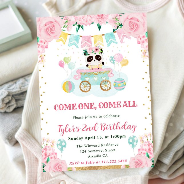 Invitation Fleurs de panda rose aquarelle pour l'anniversaire (Créateur téléchargé)