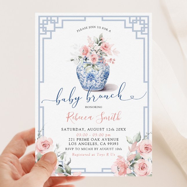 Invitation Fleurs de paon rose fardé Baby Brunch de chinoiser (Créateur téléchargé)