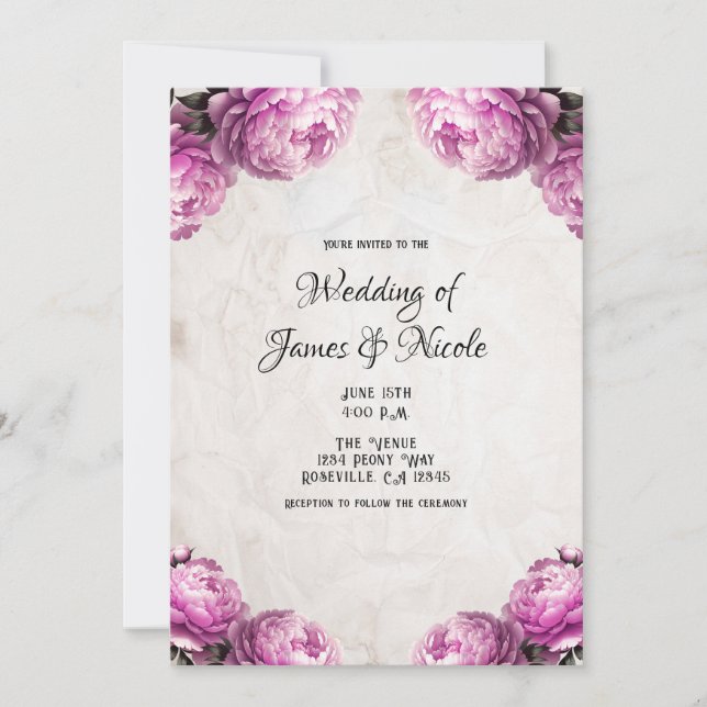 Invitation Fleurs de Paonées Rose Clair Mariage Rustique Vint (Devant)