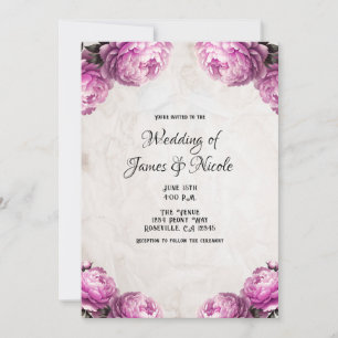 Invitation Fleurs de Paonées Rose Clair Mariage Rustique Vint