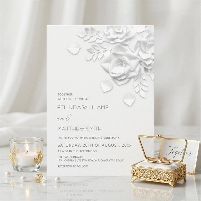 Invitation Fleurs de papier blanches 3D élégantes Mariage flo (Créateur téléchargé)