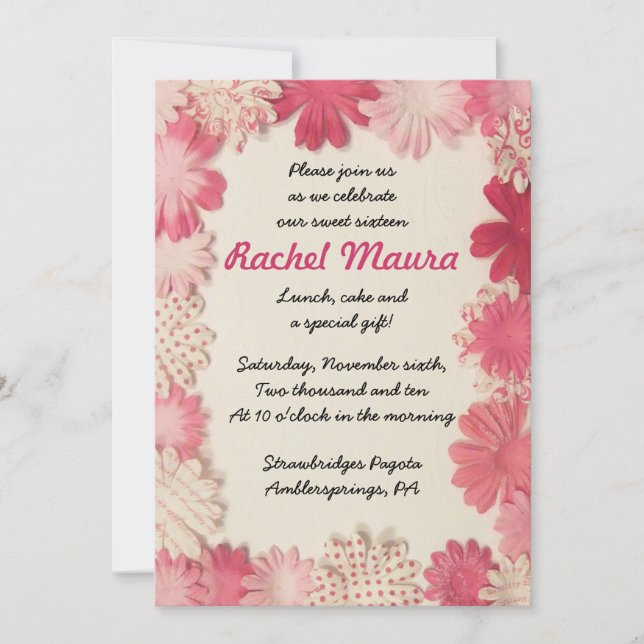 Invitation Fleurs de papier Sweet sixteen rose chaud 16 Invit (Devant)