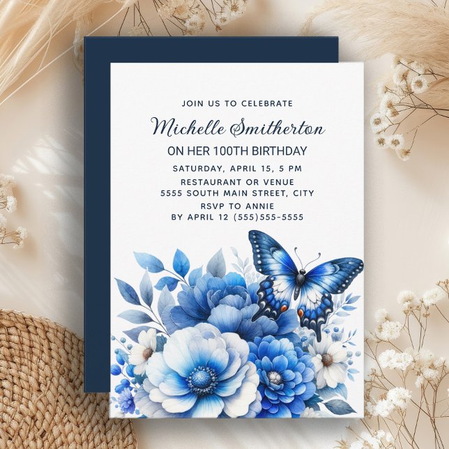 Invitation Fleurs de papillon bleu Élégant 100e anniversaire (Elegant blue butterfly and floral 100th birthday party invitation for women)