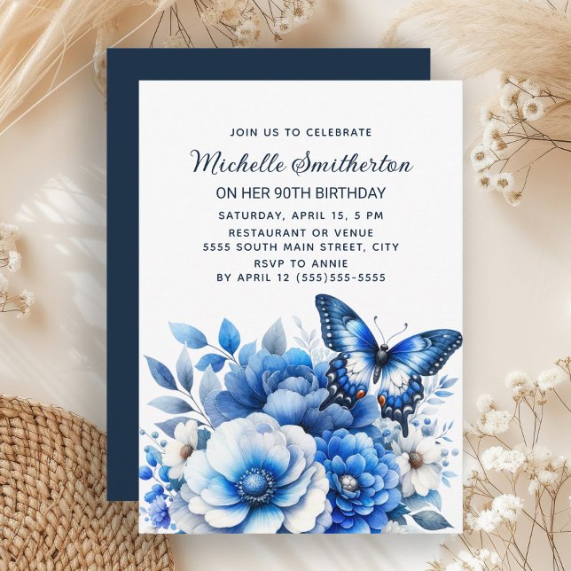 Invitation Fleurs de papillon bleu élégant 90e anniversaire (Blue floral and butterfly 90th birthday party invitation)
