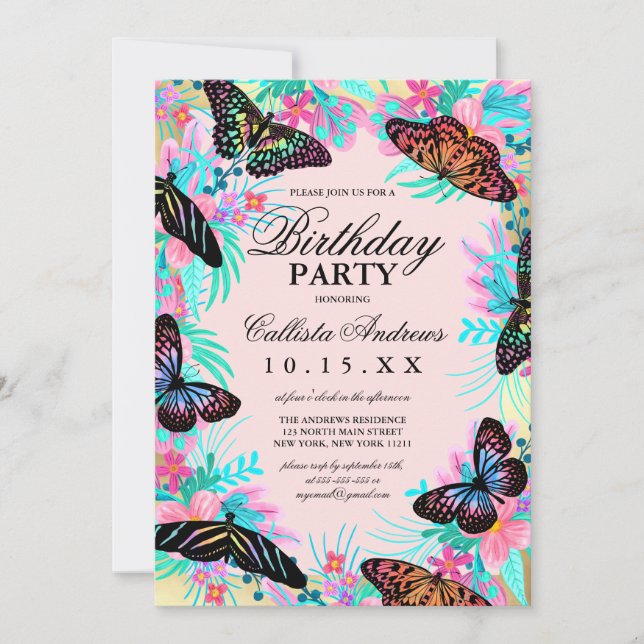 Invitation Fleurs de papillon Feuille Aquarelle Anniversaire (Devant)