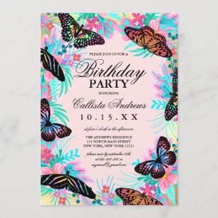 Invitation Fleurs de papillon Feuille Aquarelle Anniversaire